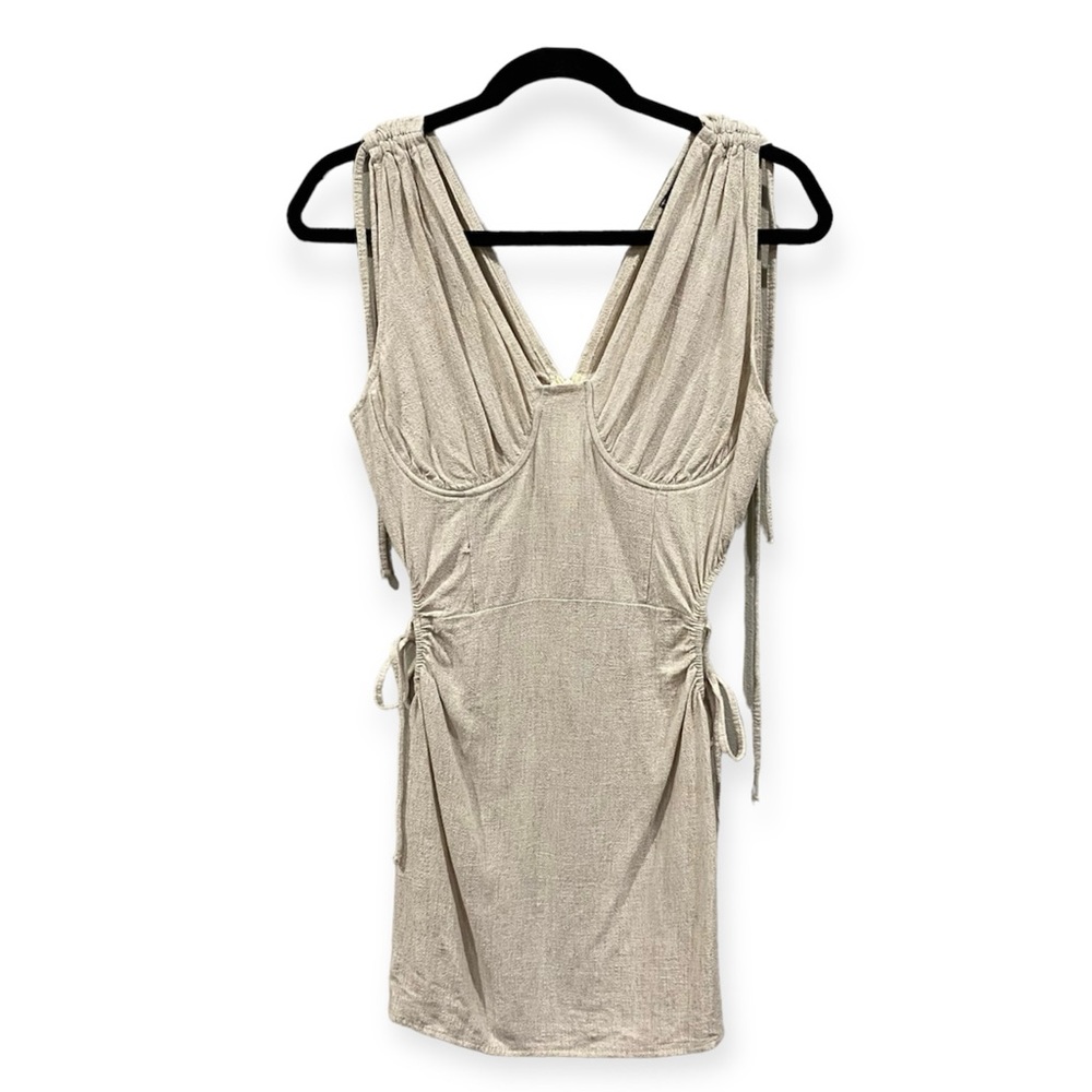 Pretty Little Thing Linen Blend Cut Out Self Tie Mini Dress Beige Size 6